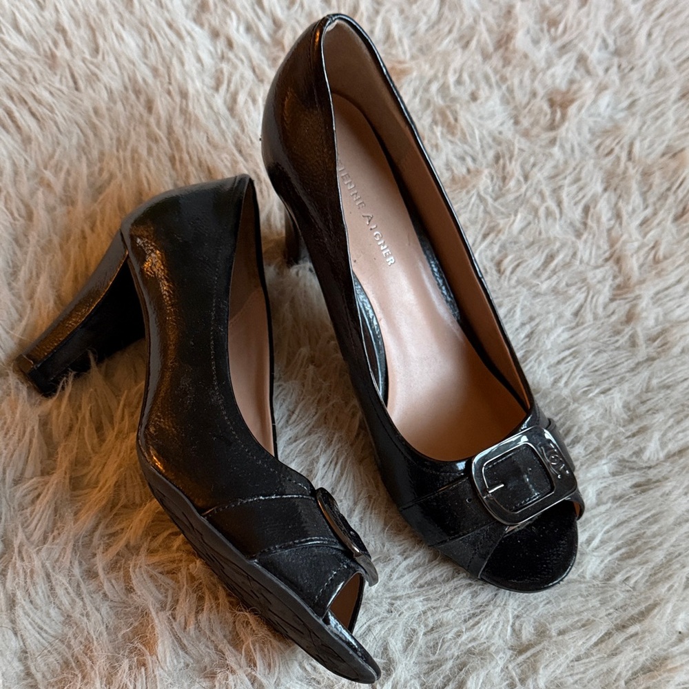 ETIENNE AIGNER Glossy Black Peep-Toe Heels in excellent preloved condition